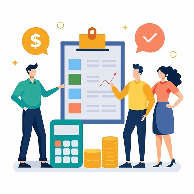 Flat design illustration of three people with a clipboard showing a data chart, a calculator, coin stacks, and speech bubbles with symbols for money, checkmark, and stars.