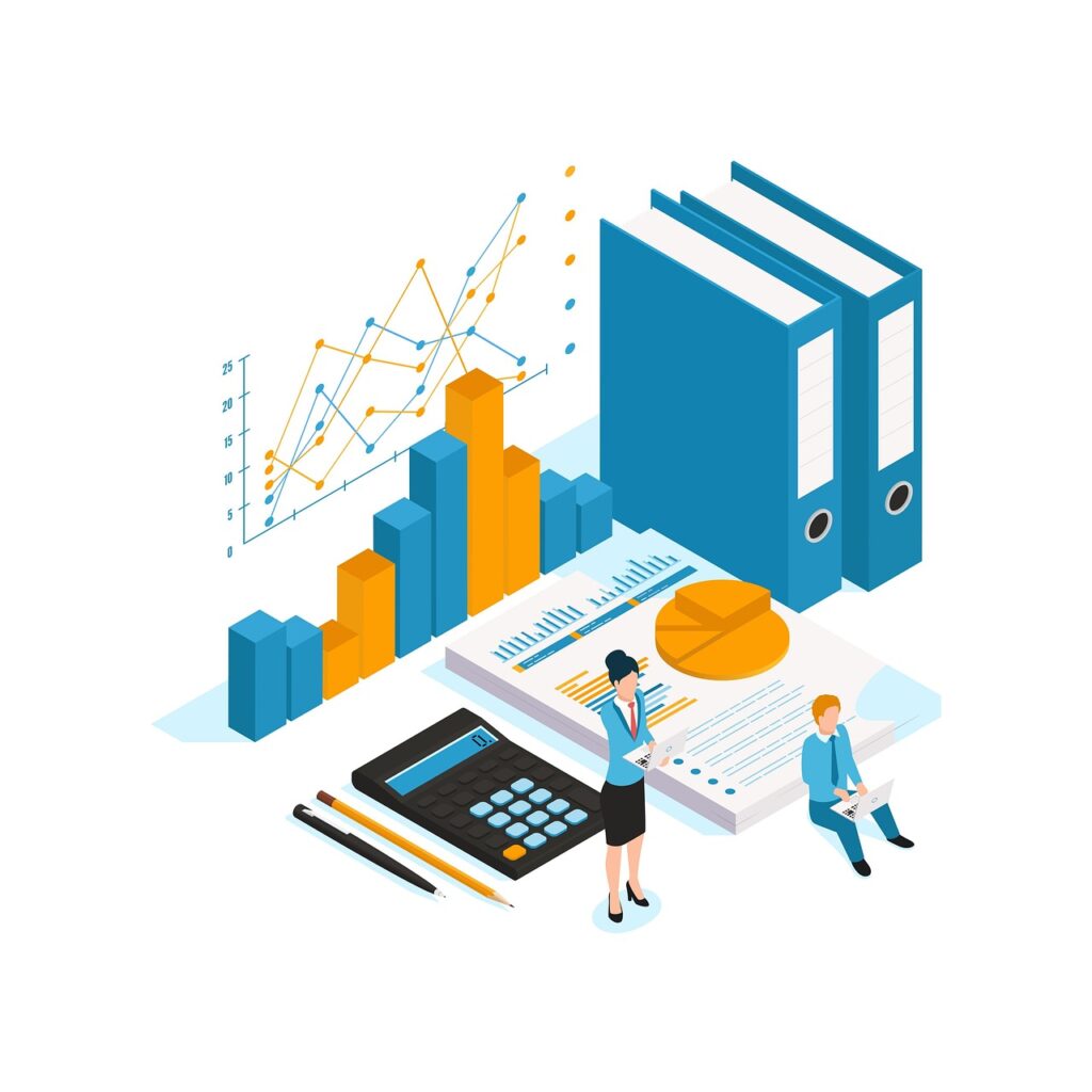Une illustration d'un bureau avec des graphiques, des barres, des documents, une calculatrice et des professionnels travaillant sur des ordinateurs.