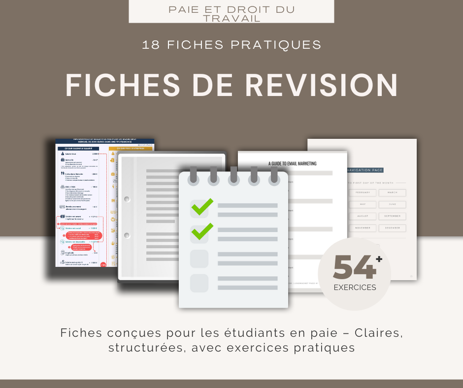 Fiches de révision pratiques pour étudiants, incluant exercices sur la paie et le droit du travail.