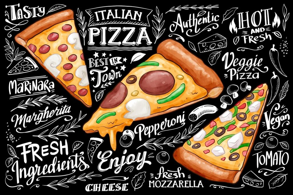 Illustration colorée de diverses parts de pizza simulant un avantage en nature nourriture.